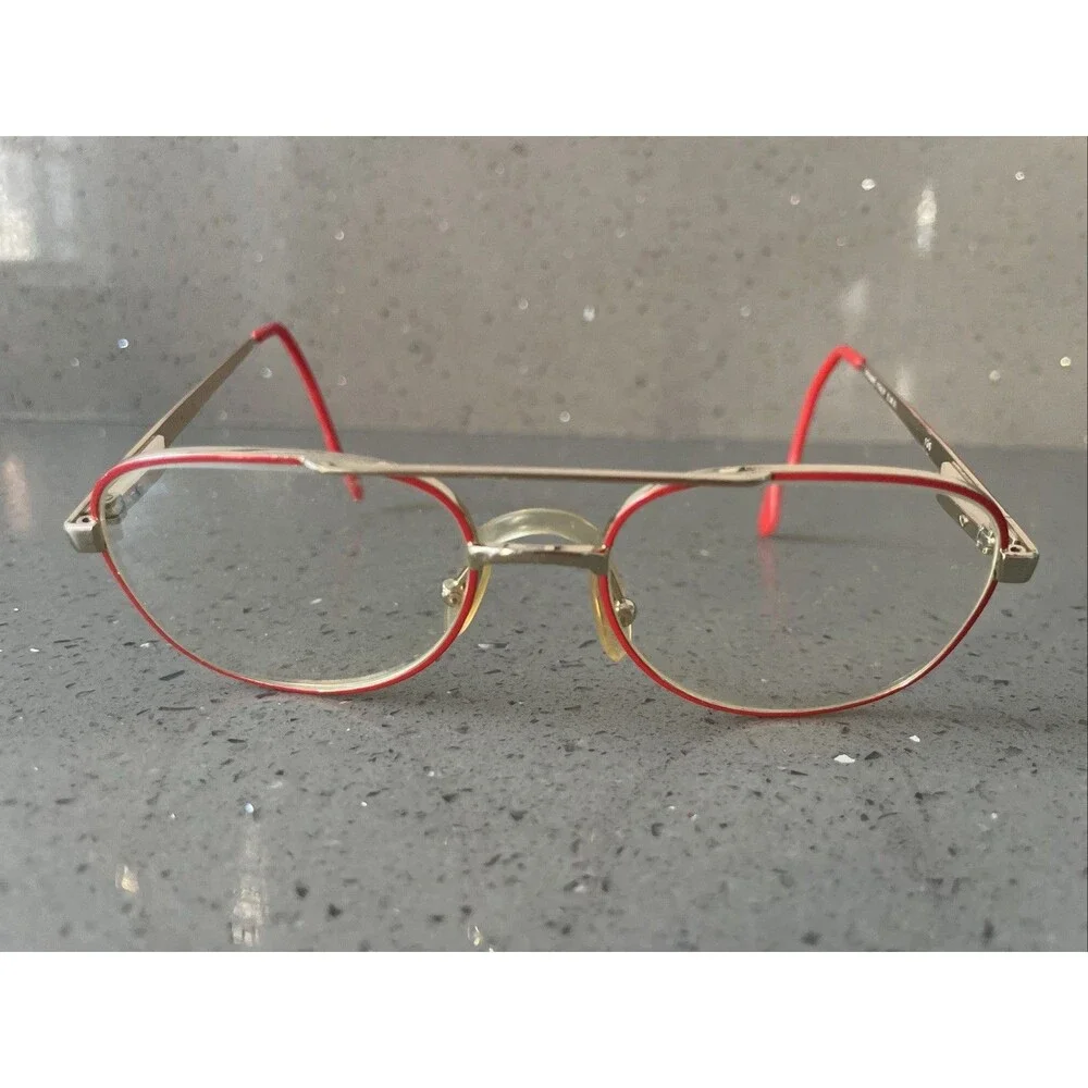 Vintage Italy Aviator Eyeglasses Frames ONLY Red Gold Platinum 135 Full Rim
